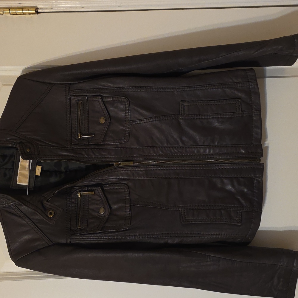 Like New! Kors Lambskin Moto Biker Jacket Brown Zip Pocket Detail M Like New